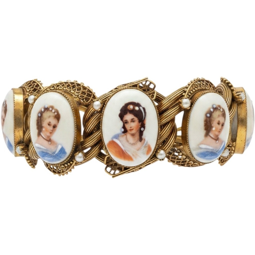 Limoges France Hand Painted Porcelain Portrait Bracelet Gold Tone Filigree Pearl